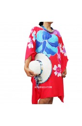 Women Beach Clothing Poncho Top Dress Hot Pink Handpainting Flower Design Handmade Fashion